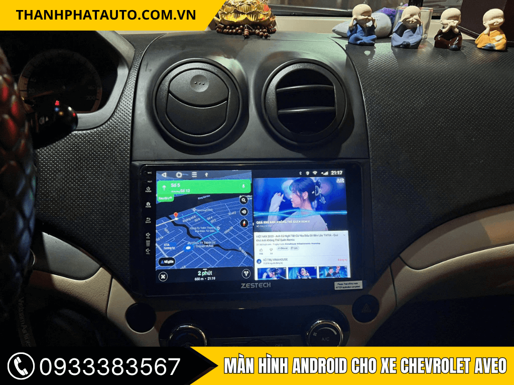 Màn hình Android ô tô Zestech được lắp trên xe Chevrolet Aveo tại Thành Phát Auto TP.HCM, hỗ trợ dẫn đường thông minh Vietmap, chia đôi màn hình xem YouTube – bản đồ cùng lúc, điều khiển giọng nói tiếng Việt, kết nối WiFi 4G ổn định, giúp nâng cấp trải nghiệm lái và tăng sự tiện nghi cho chủ xe Chevrolet Aveo khi di chuyển trong phố.