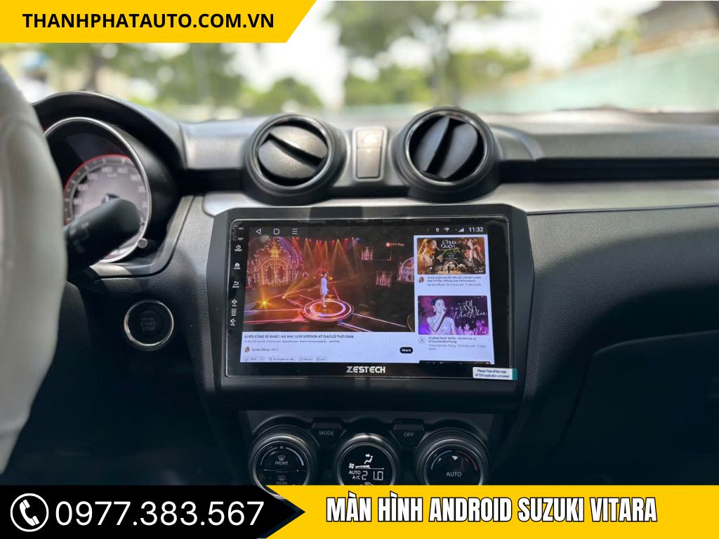 Màn hình Android Zestech lắp đặt trên xe Suzuki Vitara, hiển thị video và giao diện giải trí sắc nét. Hình ảnh thực tế tại Thành Phát Auto – trung tâm lắp đặt màn hình Android ô tô tại Tây Ninh, thi công chuẩn hãng, bảo hành 3 năm.