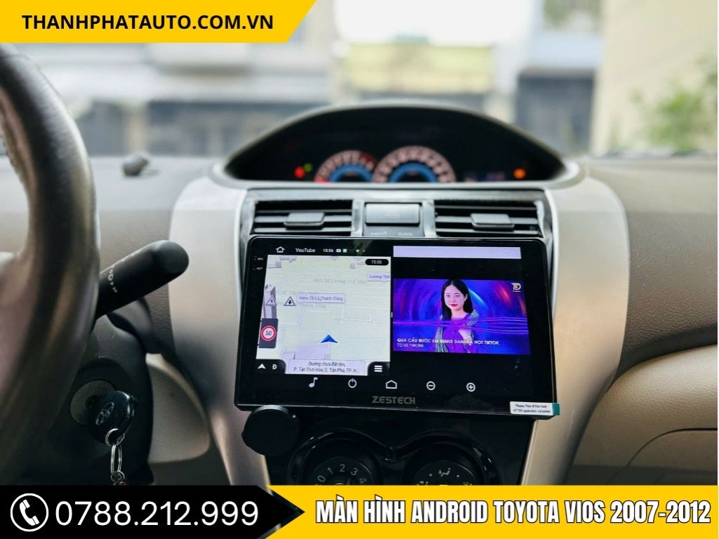 Màn hình Android Zestech lắp cho Toyota Vios, hiển thị bản đồ dẫn đường cùng video giải trí YouTube, giúp trải nghiệm lái xe thông minh và tiện lợi.