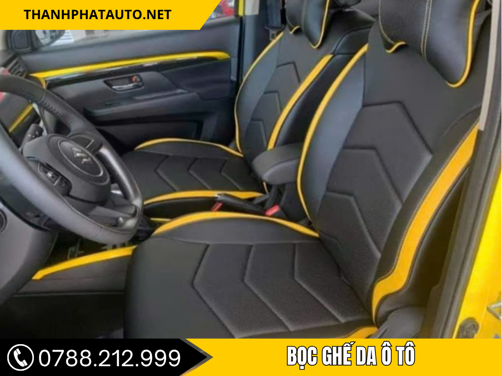 Hình ảnh nội thất xe hơi sau khi bọc ghế da ô tô tại Nhơn Trạch, với bộ ghế da đen sang trọng được thi công tại Thanh Phát Auto.”