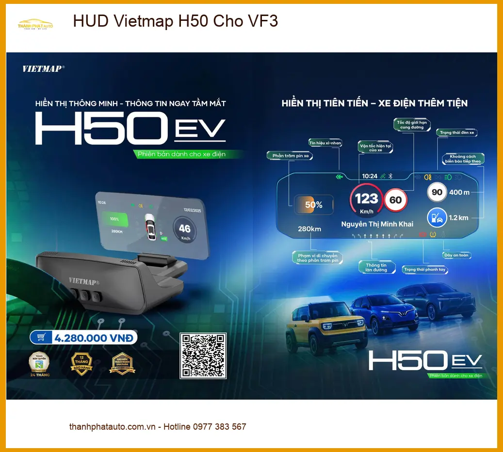 Anh Hùng lắp HUD Vietmap H50 cho VinFast VF3 tại Quận 9 để tiện theo dõi tốc độ